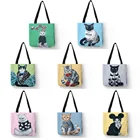 Сумка на плечо женская с принтом кошки, популярные экологически чистые льняные вместительные повседневные дамские сумочки для покупок и путешествий, с животным принтом