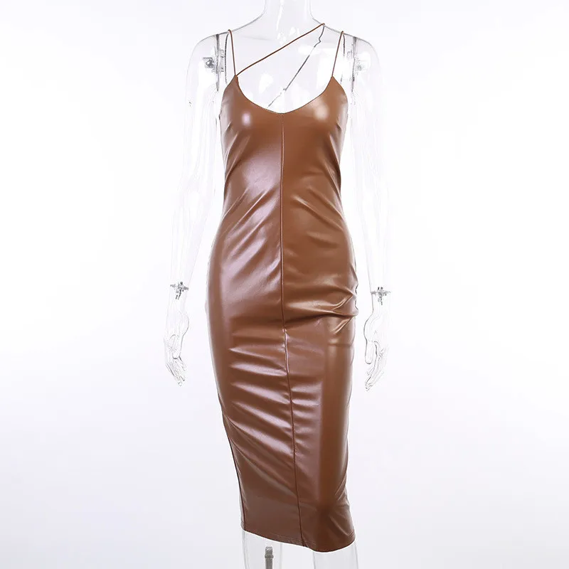 

CNYISHE Halter Spaghetti Strap PU Leather Sexy Dresses Bodycon Sleeveless Fashion Split Party Dress Women's Dresses Vestido Robe