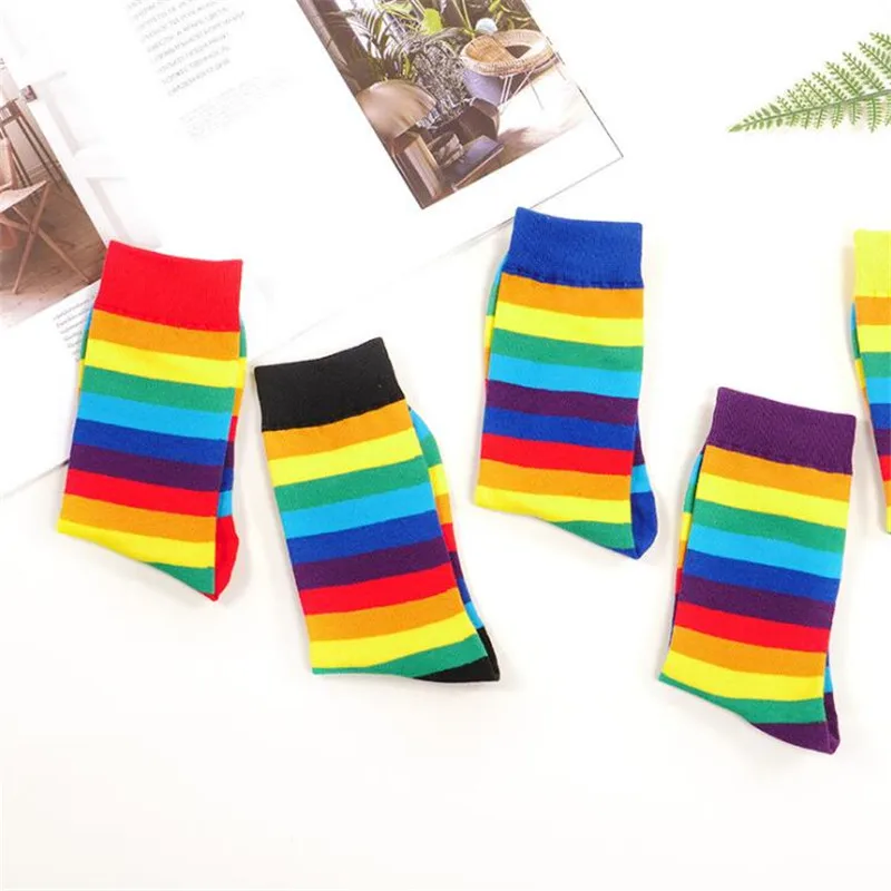 

2021 Cotton Elasticity Sweat Women's High Socks Candy Color Rainbow Socks Striped Sporty Meias Casual Streetwear Harajuku Socks