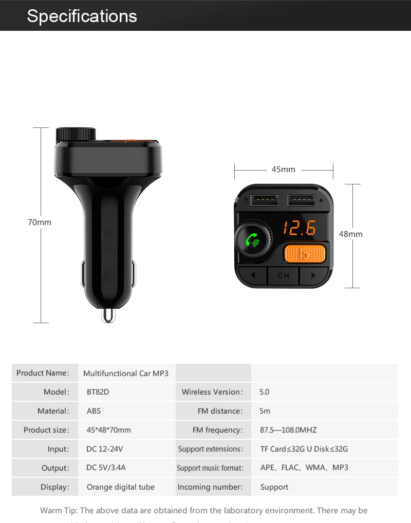 BT82D Bluetooth V5.0 автомобильный комплект MP3-плеер fm-радио Bluetooth Handsfree автомобильный комплект беспроводной fm-передатчик модулятор с USB зарядкой
