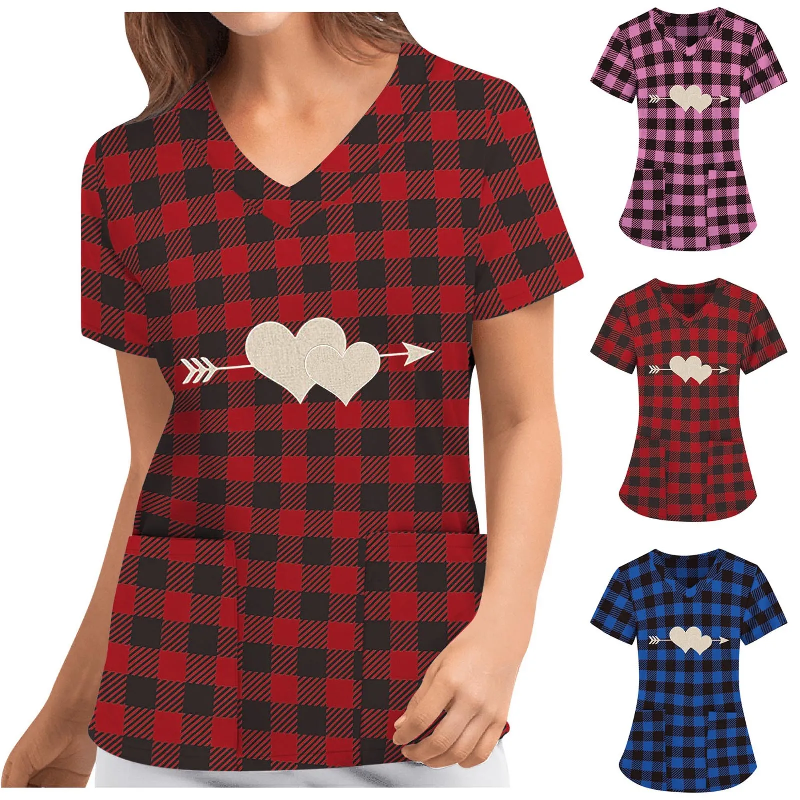 

Plaid Love Print Scrub Tops Women Pocket V-neck Short Sleeve Nurse Uniform Healthcare Carer Working Uniform Loose Blouse A50