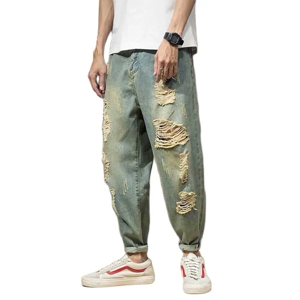 Модные уличные разорванный гарем джинсы мужские повседневные полые дырки