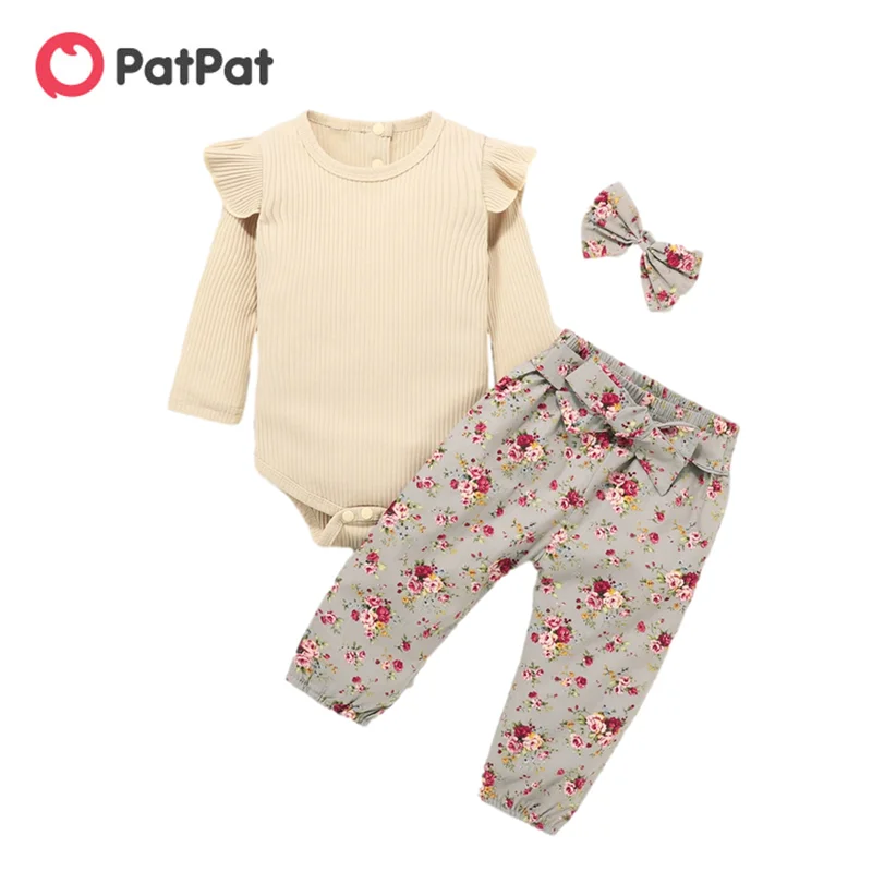 

PatPat New Arrival 2021 Spring and Autumn Baby Girl Solid Long-sleeve Bodysuit and Flower Print Belted Pants Sets Baby Clothing