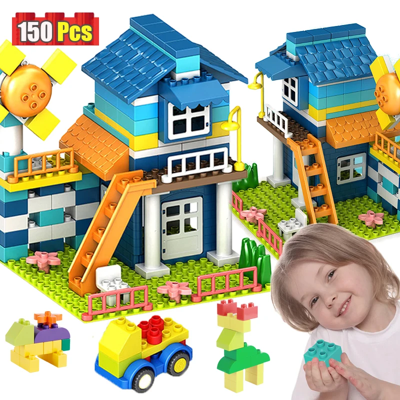 

Big Particle Roof Blocks Compatible Duploed City House Big Size Slide Building Blocks Castle Brick Toys For Childre