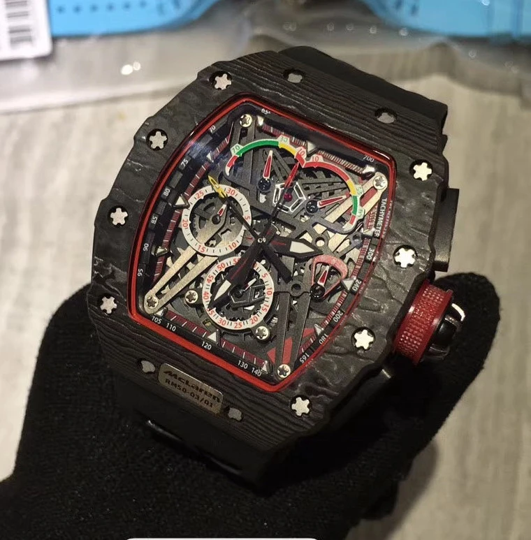 

Новые черные мужские часы сапфировый автоматический механический Flyback углеродное волокно Резина