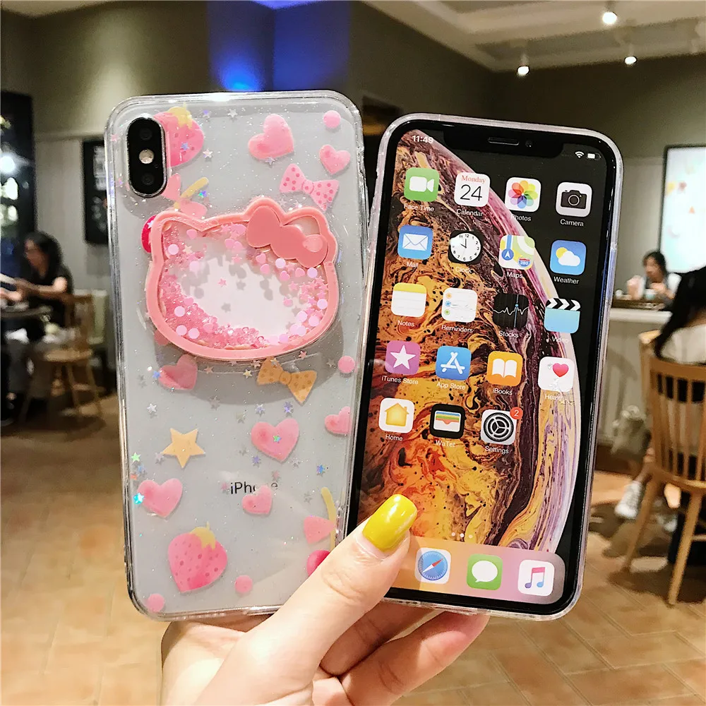 Милый розовый блестящий чехол Hello kitty из ТПУ с блестками для iPhone 11 6s 7 8 Plus X XR XS MAX love heart сыпучий песок украшение лазерный чехол