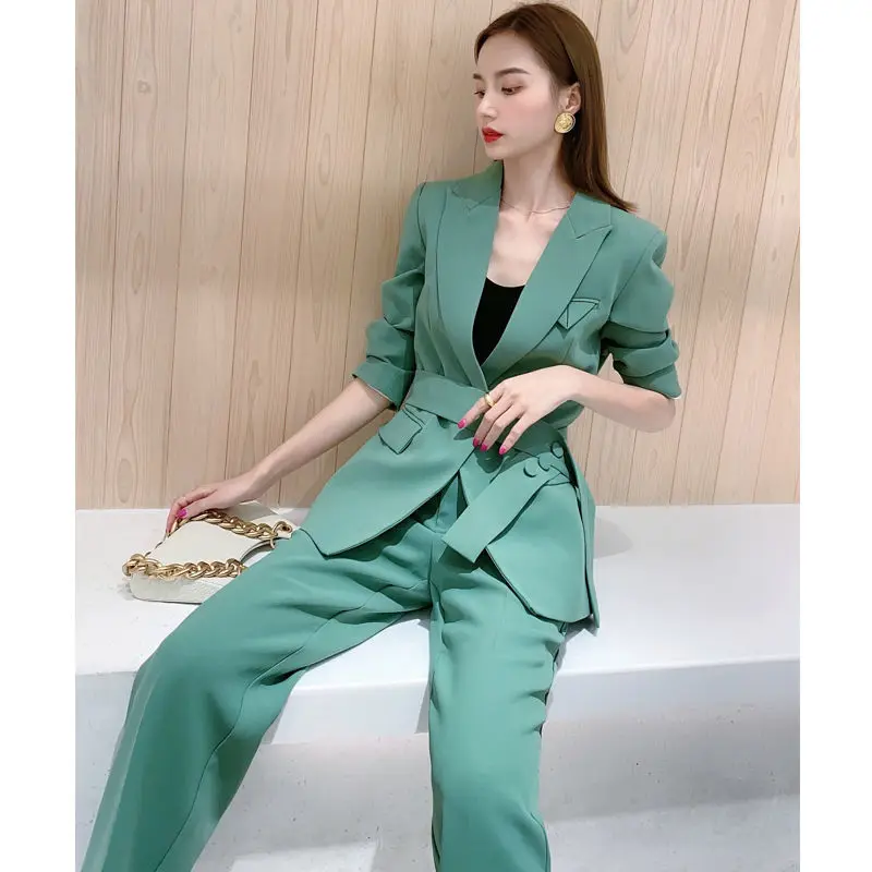 

Women's Tracksuit Pant Suits Shawl Collar Belted Blazer Jacket And Pant Two Piece Set OL Streetwear