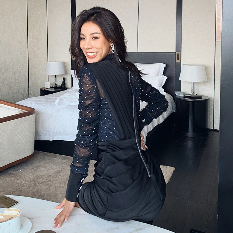 

Ailigou Summer Fashion Patchwork Transparent Lace Velvet Draped One-Piece Dress Women Stand Collar Long Sleeve Mini Sexy Dress