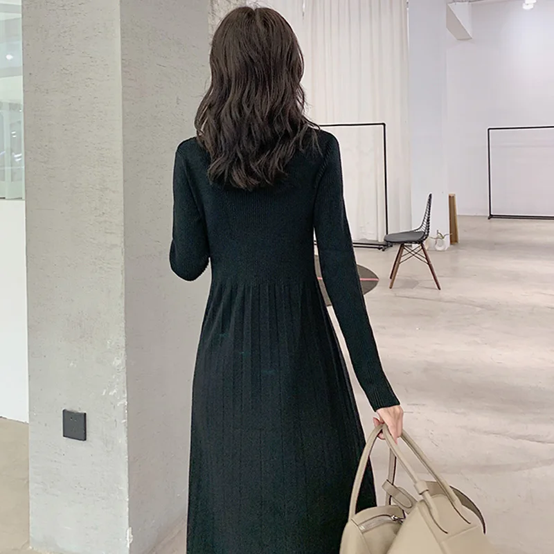 

One-Piece Dress Women Korean Long Sleeve Pleated Knitted Dresses Autumn Winter Slim Woman Office Sweater Dress Lady Midi Dress
