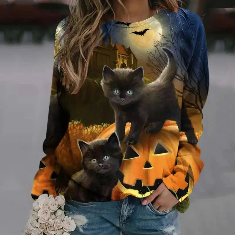 

Halloween Women Blouse 2021 Autumn Cat Pumpkin Printing Lady Swearshirt Long-sleeved Crewneck Female Shirts Loose Pullover Tops