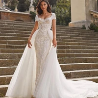luxury mermaid wedding dresses short sleeves v neck removable train 2 in 1robe de lace applique sweetheart gowns tailor m