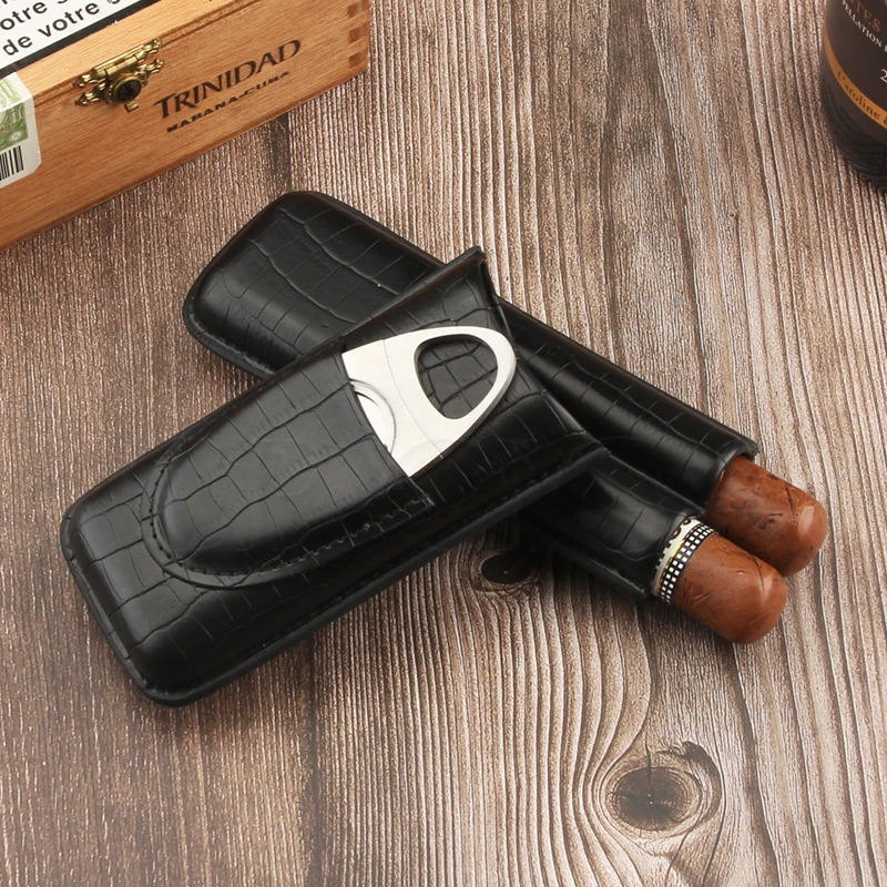 

GALINER Real Leather Cigar Case Travel Humidor Outdoor Pocket Hold 2 Cigars Humidor Box W/ Cigar Cutter