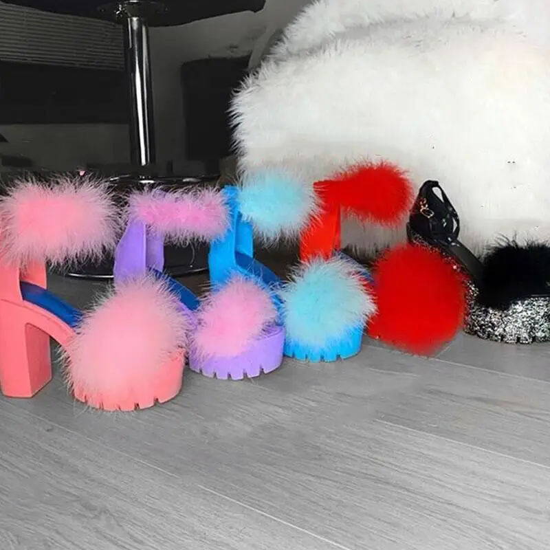 

Women's Sandals 2020 High Heel Feather New Fashion High-heeled Shoes Lovely Hanging Ornament Round Head Women's High-heeled Shoe