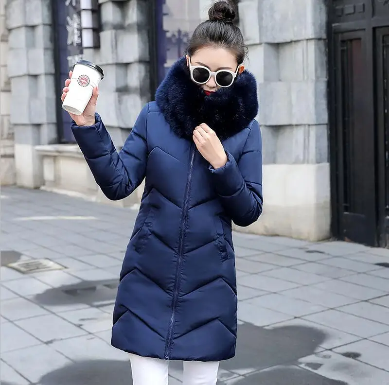 Navy blue 1 Новинка, зимняя женская куртка с меховым воротником, Дамское зимнее пальто с капюшоном, теплая длинная верхняя одежда, зимняя хлопковая куртка, женские теплые парки - Цвет: Navy blue 1