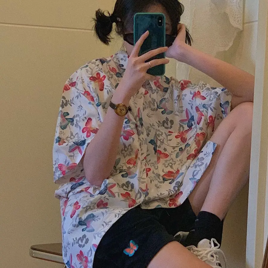 

Harajuku Summer Blouse Button Up Shirt for Women Ladies Short Sleeve Butterfly Print Clothes Ulzzang Korean Clothing Streetwear