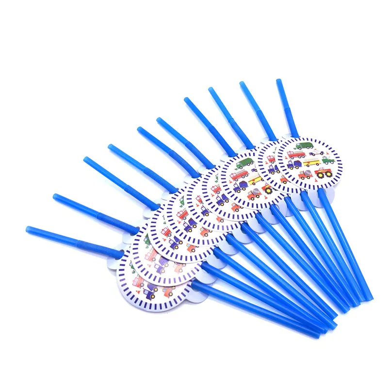 straws-10pcs Спрос среди детей строительный инженерный транспорт тематическая вечеринка на день рождения поставки тарелки чашки флаги салфетки одноразовые трубочки посуда - Цвет: straws-10pcs