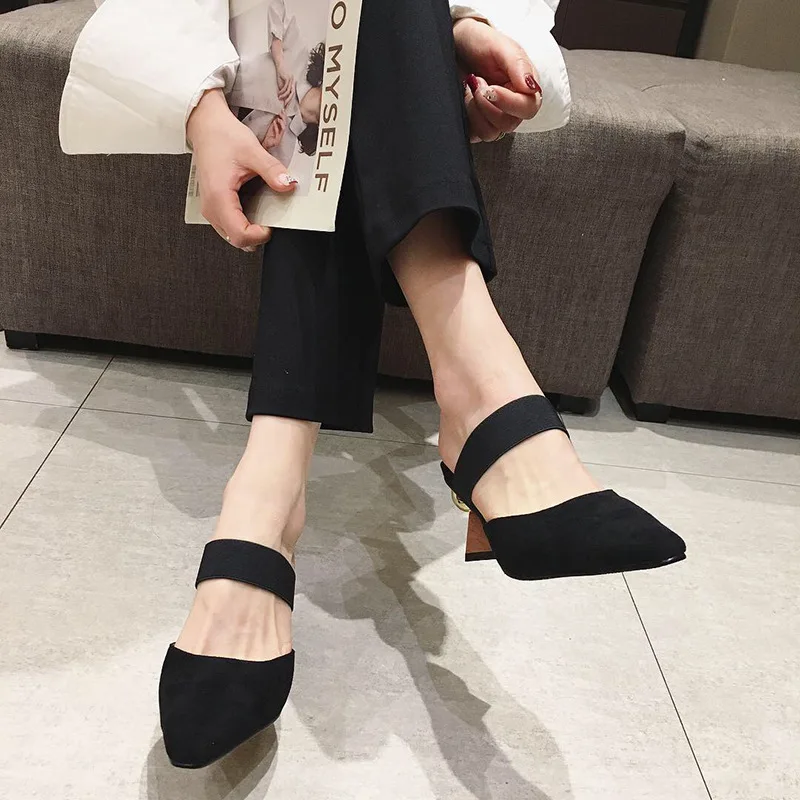 

2020 new spring shoes women's slippers with high heel, small square head and thick heel