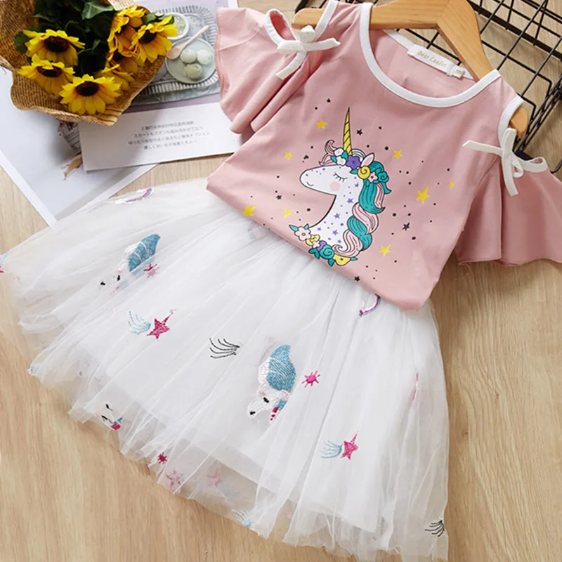 AX1195Pink-C Коллекция года, новые летние комплекты одежды для маленьких девочек модные стильные футболки с рисунком котенка+ платье с вуалью Одежда для девочек из 2 предметов - Цвет: AX1195Pink-C