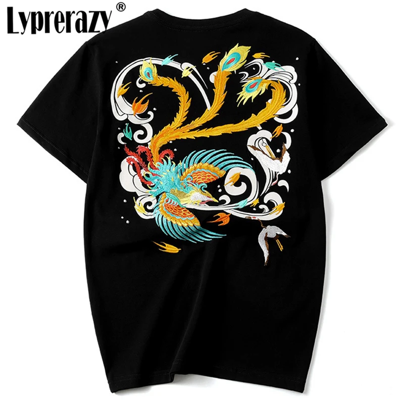 

Lyprerazy Men Phoenix Embroidery Short Sleeve T-Shirt Casual Streetwear Tee Tops Cotton Harajuku Tshirts Male