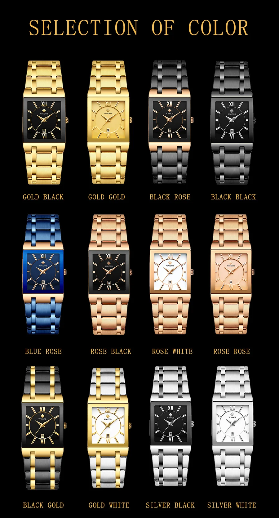 Relogio Masculino WWOOR Gold Black Watch Men Quartz Waterproof Wrist Watch For Men Fashion Square Casual Clock Male Dropshipping