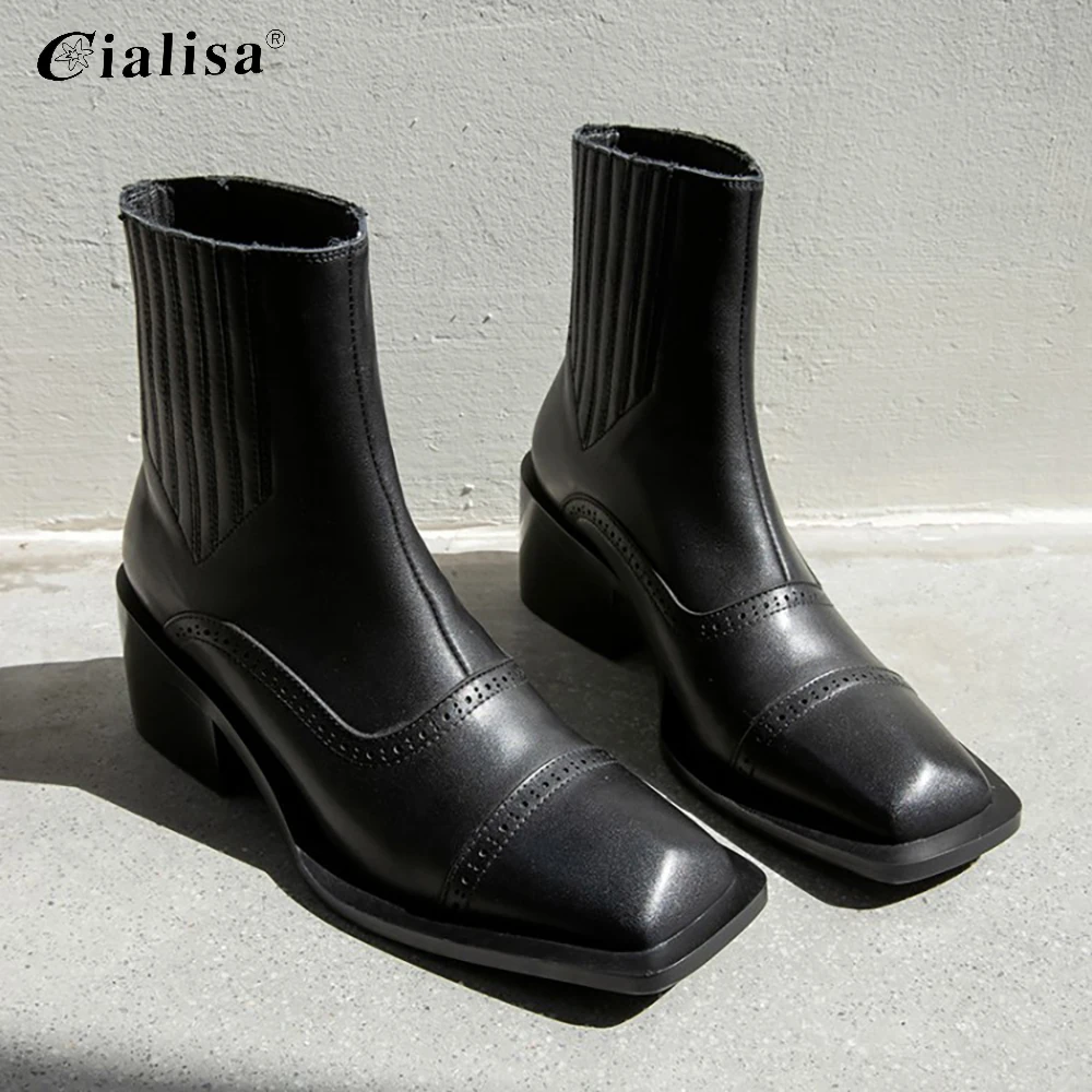 

CIALISA Women Shoes Genuine Leather Fashion Square Toe High Heel Boot 2020 New Design Winter Good Quality Ankle Boot