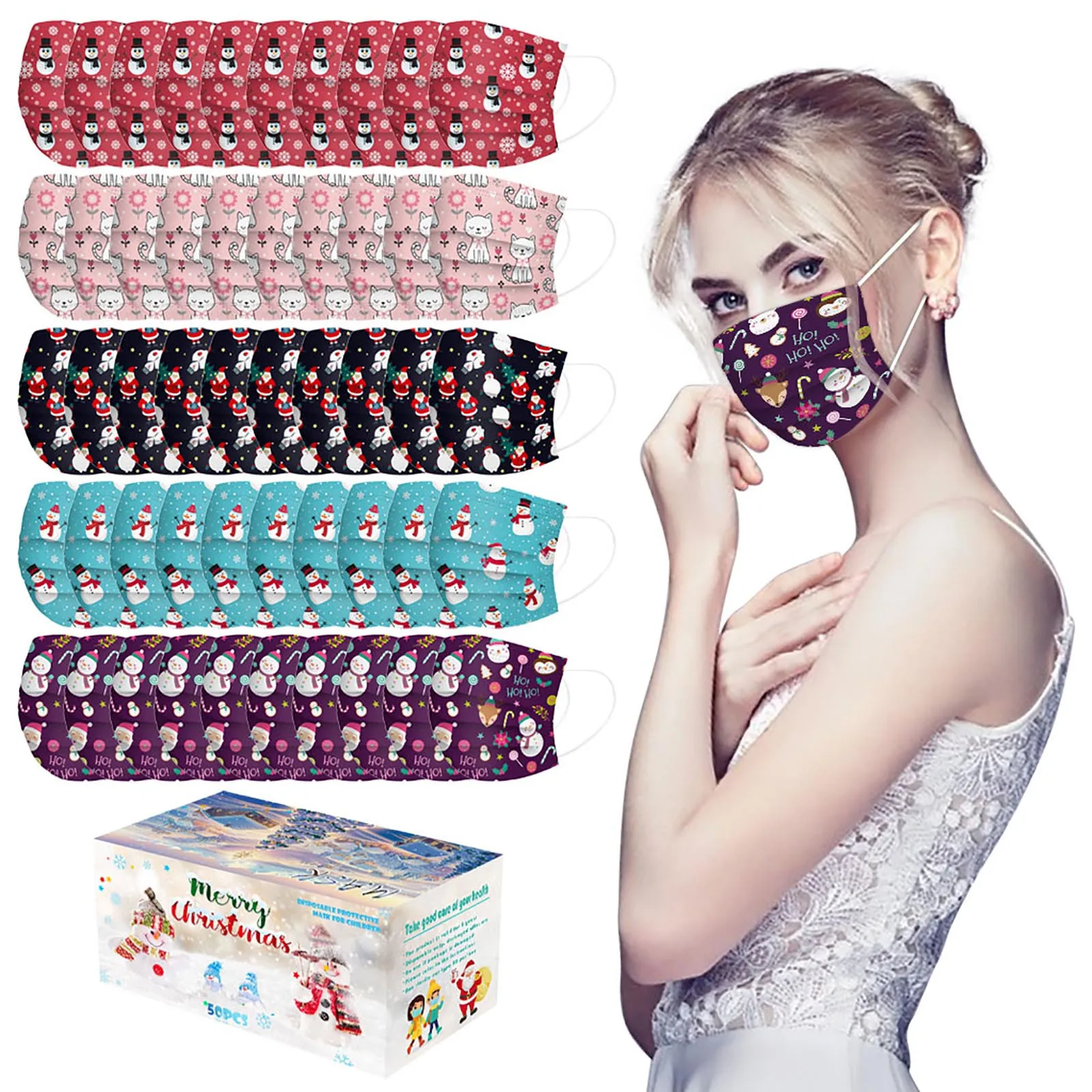 

50Pcs Christmas Mask Adult/Child Mask Disposable Face Mask 3Ply Ear Loop Face Mask Fashion Mascarillas