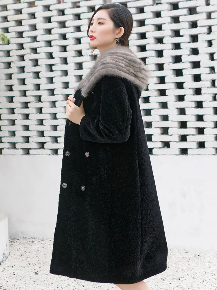 Зимняя женская куртка из натуральной овчины шерстяное пальто длинная с