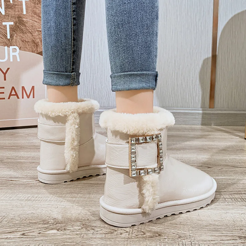 

Crystal Snow Boots For Women Flat Heel Shoes Plush Round Toe Boots-Women Winter Footwear Rhinestone Leather Rubber Fur Ladies L