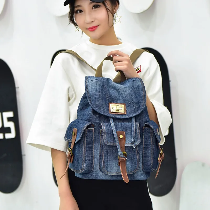 Модные женские рюкзаки женский джинсовый рюкзак вместительный сумка на шнурке