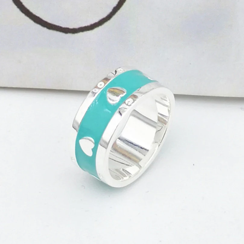 

Heart-shaped S925 pure silver ring classic blue pink epoxy enamel jewelry lovers romantic gift