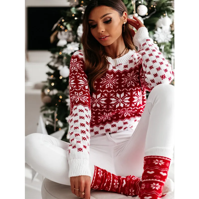 

Woman Autumn Winter Christmas Sweater Women O Neck Sweaters Print Tops Ladies Sweater Snowflake Sweater and Pullovers 2020
