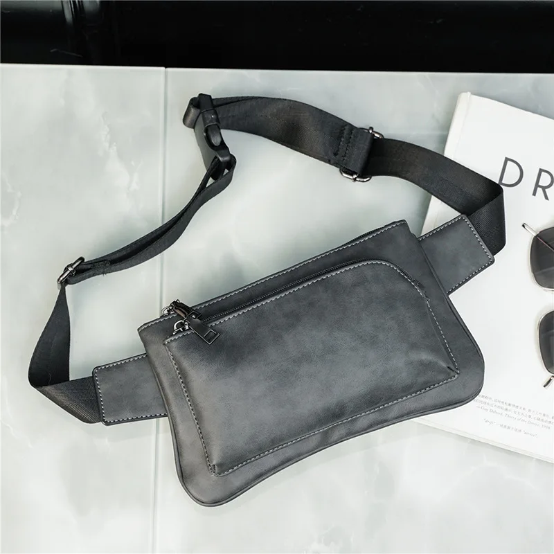 

New Street Fashion Chest Bag Trendy Men's Vintage Gray Pu Leather Shoulder Crossbody Bags Male High Quality Solid Sling Bag 2021