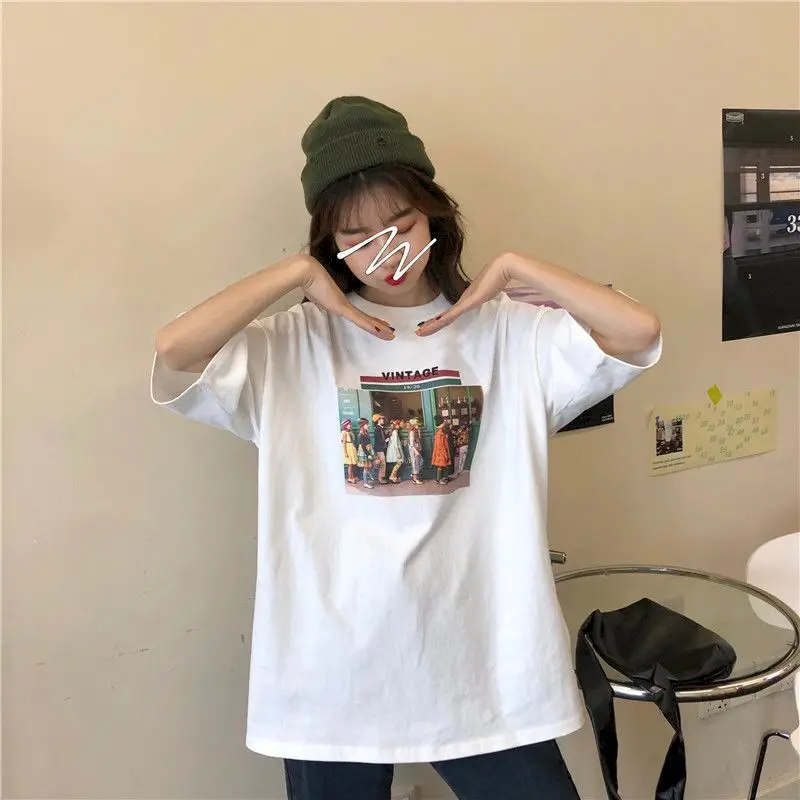 

2022 Short-sleeved T-shirt Female Retro Printing Simple Casual Super Hot Korean Style Loose White Student Oversize TOPS Clothes