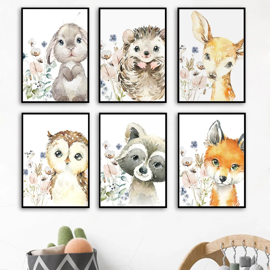 

Rabbit Fox Raccoon Deer Hedgehog Flower Animal Wall Art Canvas Painting Nordic Posters And Prints Wall Pictures Kids Room Decor