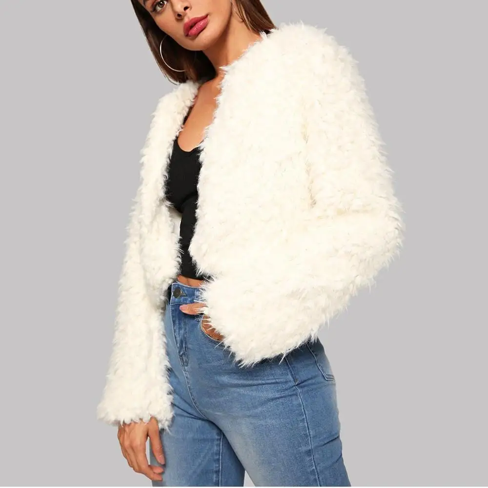 

Women Autumn Winter Long Sleeve Turn-Down Collar Warm Plush Fashion Short Coat Thick Warm Teddy Bear Pocket Fleece soft Coat #7