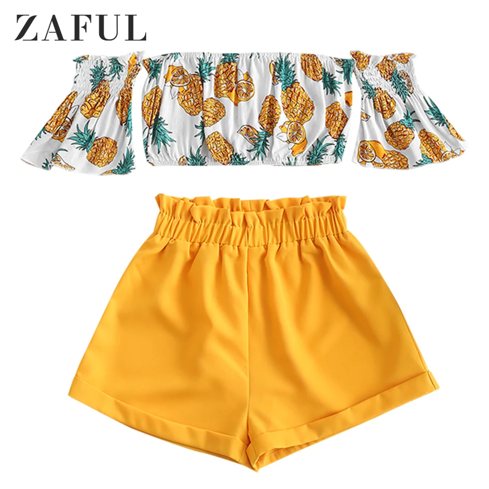 ZAFUL топ на бретелях с открытыми плечами ананасом и шорты короткими рукавами