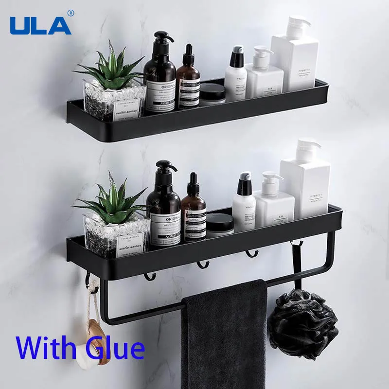 

ULA Black Bathroom Shelf 30/40/50cm Glue Bathroom Hardware Set Accessories Matt Black Shelf Robe Hook Hanger Towel Rail Bar Rack