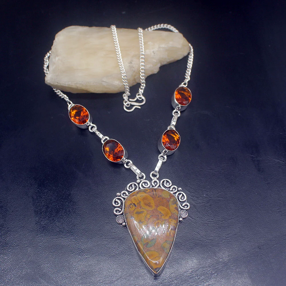 Gemstonefactory Jewelry Big Promotion 925 Silver Natural Ocean Jasper Honey Topaz Ladies Women Chain Necklace 44cm 202101689