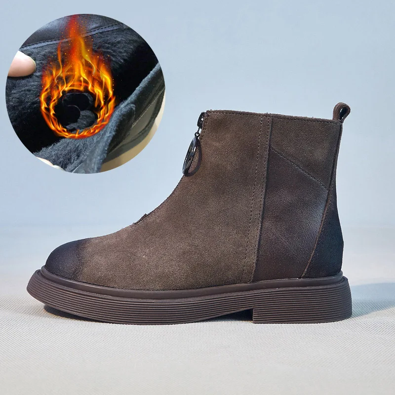 brown with fur Botas mujer в стиле ретро; ; повседневная обувь; Ботинки martin; женские модные брендовые ботильоны из натуральной кожи с заклепками; Цвет Черный - Цвет: brown with fur
