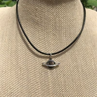 saturn charm choker necklace black leather choker space jewelry planet necklace