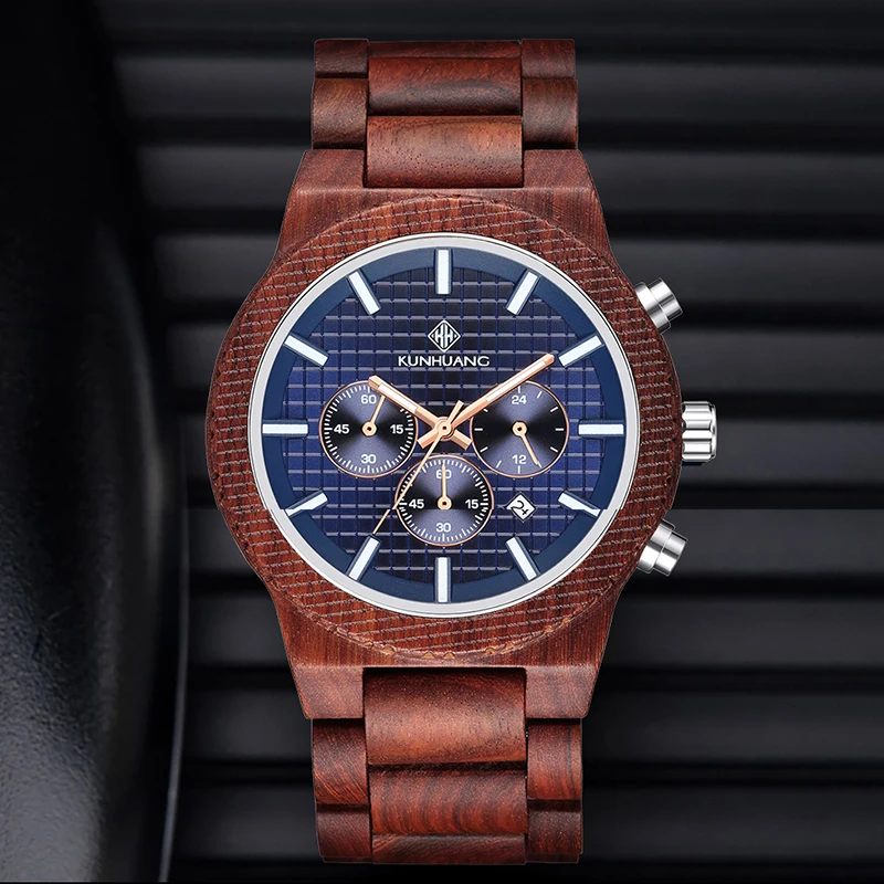 KUNHUANG Fashion Casual Men's Watches Quartz Sport Wristwatches Wooden Band Watch