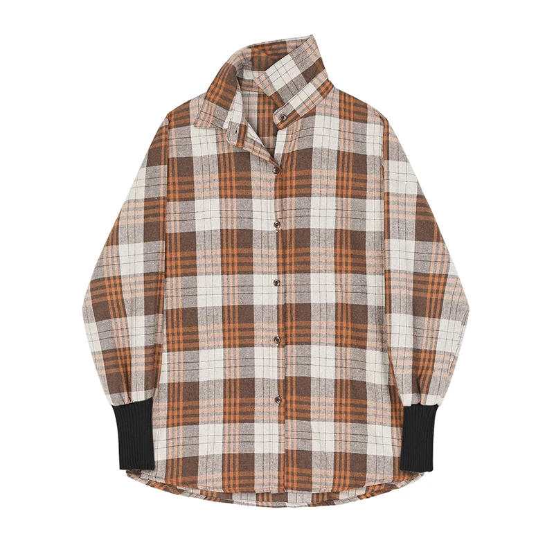 Клетчатая рубашка с длинным рукавом и черный жилет женский свободный комплект из