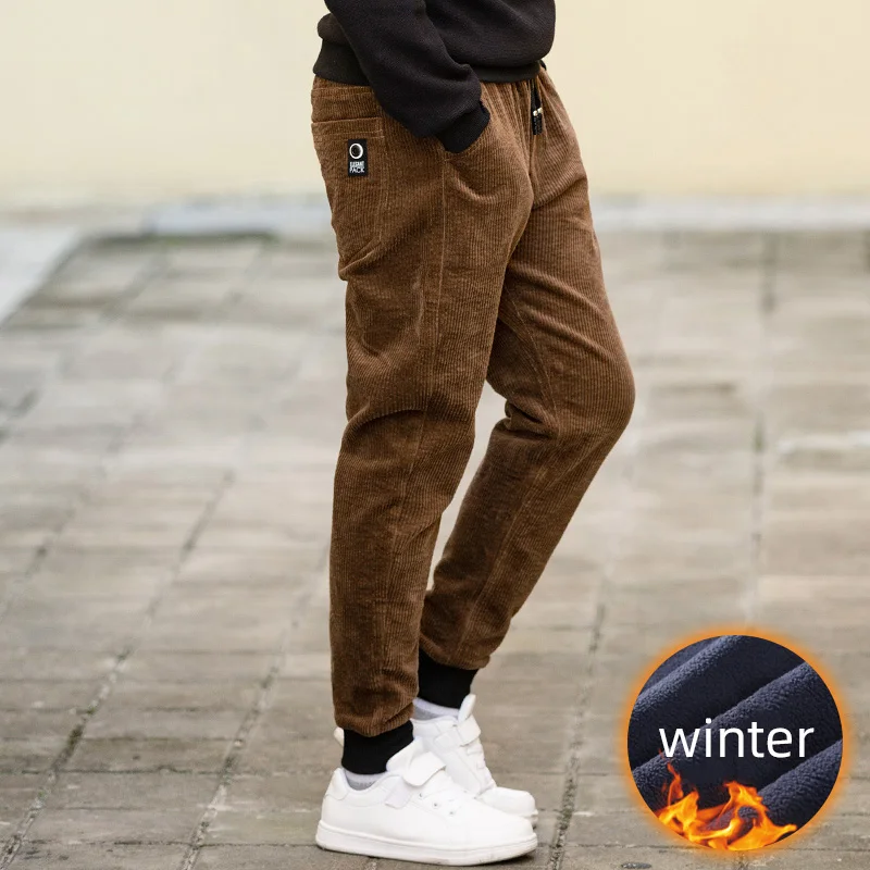 dark khaki(velvet) Для маленьких мальчиков штаны для подростков, зимние штаны для девочек из хлопка однотонный вельветовый брюки для девочек; бархатный плюш; сезон осень Повседневное длинные брюки для мальчиков на зиму - Цвет: dark khaki(velvet)