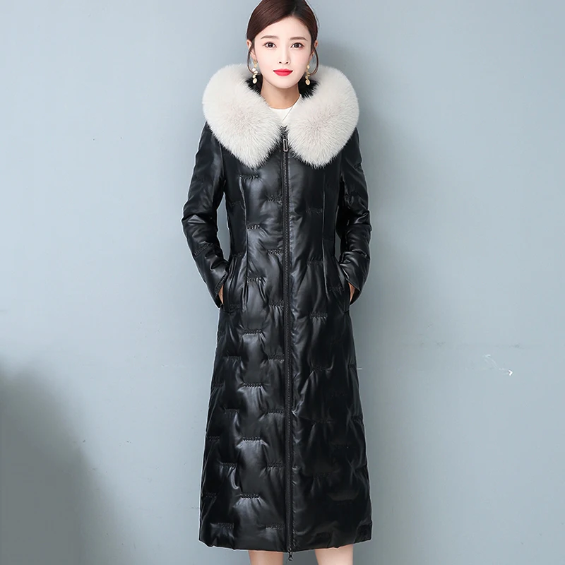 New Women Leather Down Jacket Autumn Winter 2022 Fashion Real Fox Fur Collar Hooded Embroidery Slim Long Sheepskin Down Coat