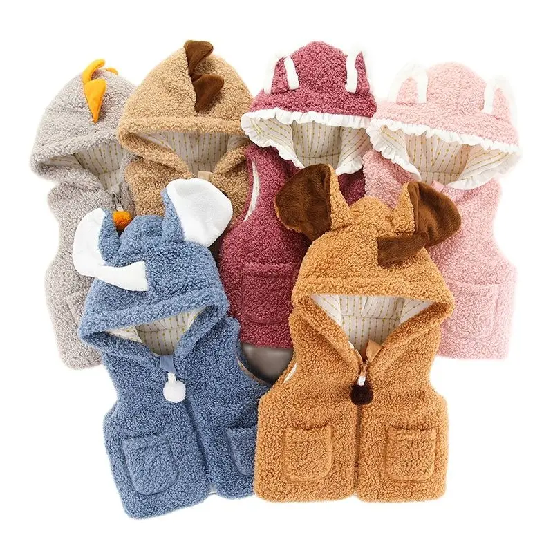 

Kids Sleeveless Jacket Girls Outerwear Winter Boys Lambswool Costumes Warm Coats Baby 0-4Y Children Cute Cartoon Hooded Vest