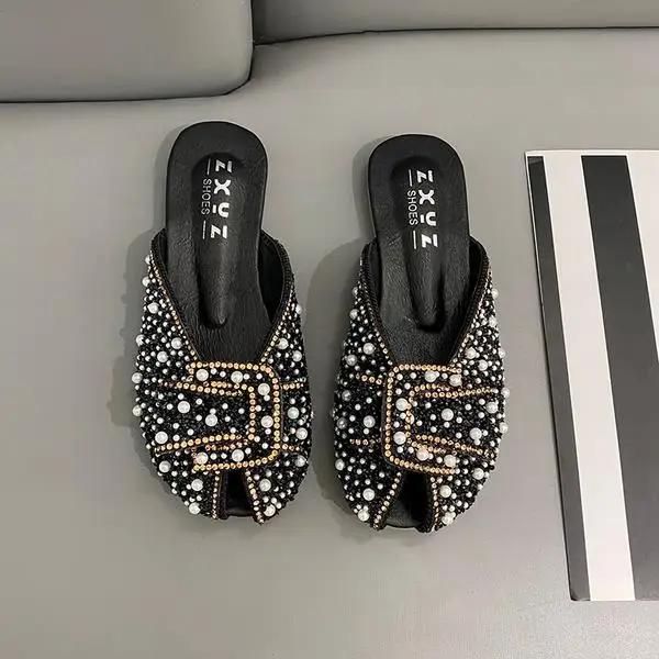 

For Women 2021 Loafers Glitter Slides Ladies' Slippers Peep Toe Flat Shoes Female Pantofle Fashion Jelly New Luxury