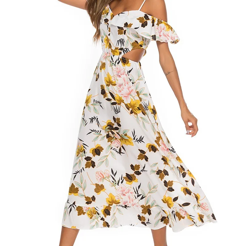 

Printed Big Swing Suspenders Halter Sexy Ruffled Beach Skirt Hollow Short-sleeved Dress Summer 2021 Dresses for Women