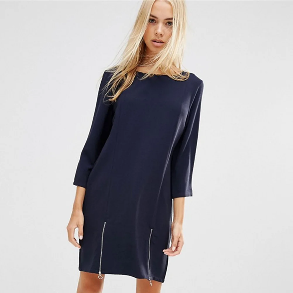 

Fashion women zipper decoration three-quarter sleeve O-neck dress