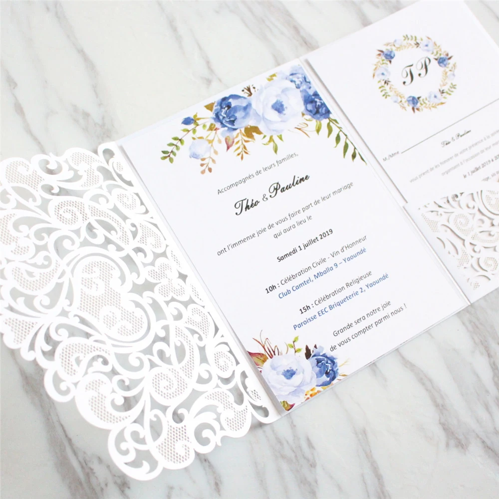 Лазерная резка свадебное приглашение Карманный цветок три сложения