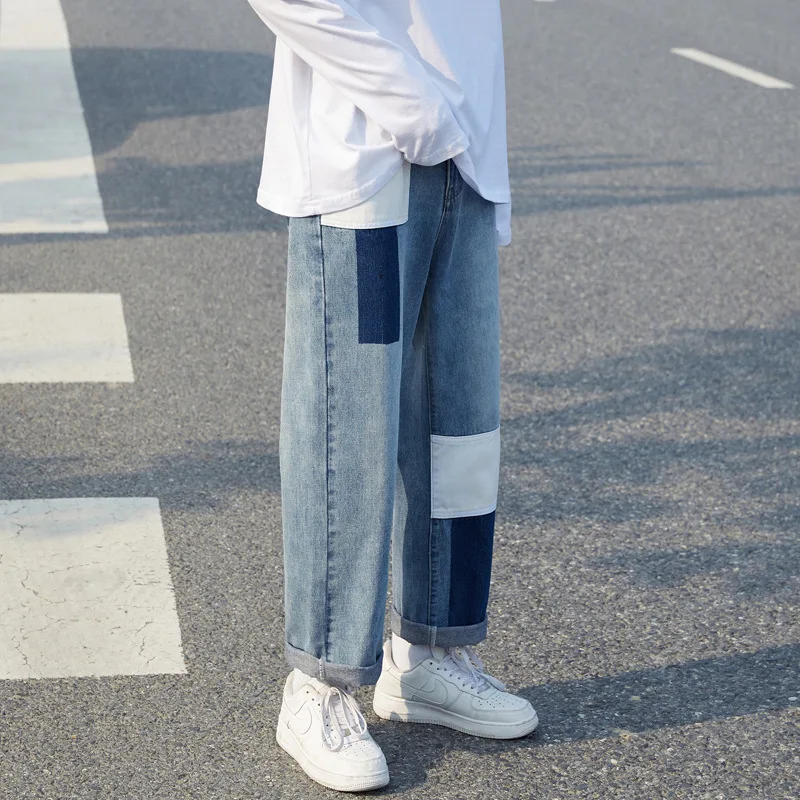 Men Jeans Patchwork Trendy Panelled Loose Leisure Chic Males Denim Straight Punk All-match Retro Trousers Baggy Cowboy Students